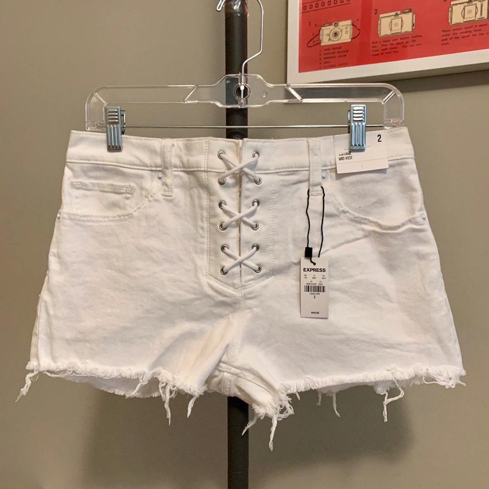 NWT Express Mid-Rise Lace Up White Denim Shorts 2